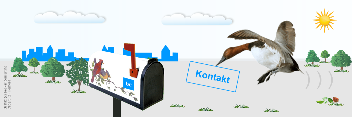 Bild: Vogel fliegt mit Brief im Schnabel auf Postbox. Bildtext: Kontakt.